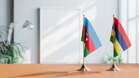 FLAGS OF  AZERBAIJAN AND MAURITIUS  ON TABLEの写真素材