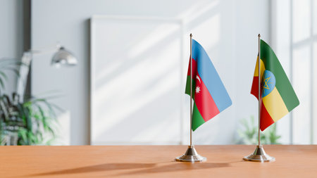 FLAGS OF  AZERBAIJAN AND ETHIOPIA  ON TABLEの写真素材