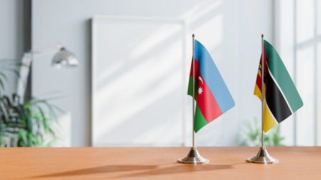 FLAGS OF  AZERBAIJAN AND MOZAMBIQUE  ON TABLEの写真素材