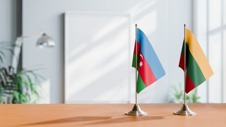 FLAGS OF  AZERBAIJAN AND LITHUANIA  ON TABLEの写真素材