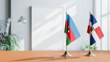 FLAGS OF  AZERBAIJAN AND DOMINICAN REPUBLIC  ON TABLEの写真素材