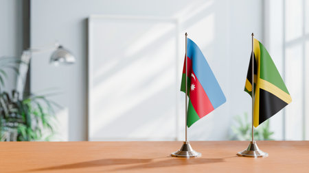 FLAGS OF  AZERBAIJAN AND JAMAICA  ON TABLEの写真素材