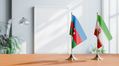 FLAGS OF  AZERBAIJAN AND IRAN  ON TABLEの写真素材
