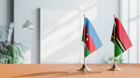 FLAGS OF  AZERBAIJAN AND VANUATU  ON TABLEの写真素材
