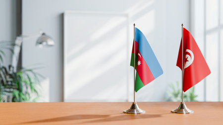 FLAGS OF  AZERBAIJAN AND TUNISIA  ON TABLEの写真素材