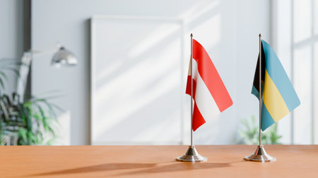 FLAGS OF  AUSTRIA AND BAHAMAS  ON TABLEの写真素材