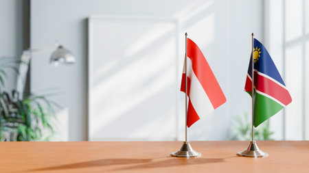 FLAGS OF  AUSTRIA AND NAMIBIA  ON TABLEの写真素材