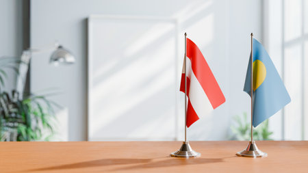 FLAGS OF  AUSTRIA AND PALAU  ON TABLEの写真素材