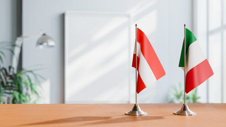 FLAGS OF  AUSTRIA AND ITALY  ON TABLEの写真素材