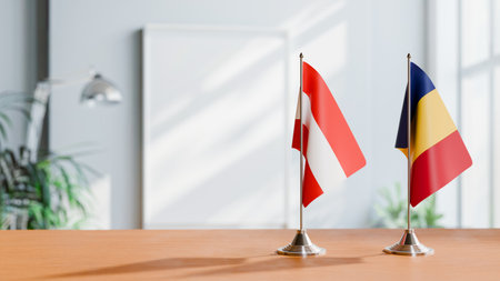 FLAGS OF  AUSTRIA AND ROMANIA  ON TABLEの写真素材