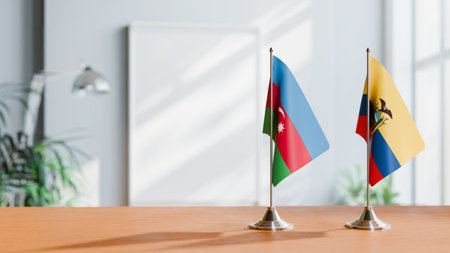 FLAGS OF  AZERBAIJAN AND ECUADOR  ON TABLEの写真素材