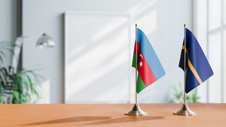 FLAGS OF  AZERBAIJAN AND NAURU  ON TABLEの写真素材