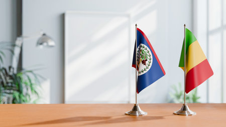 FLAGS OF BELIZE AND MALI ON TABLEの写真素材