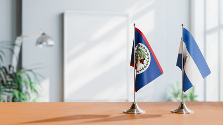 FLAGS OF BELIZE AND NICARAGUA ON TABLEの写真素材