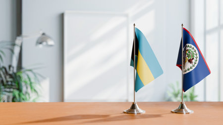 FLAGS OF  BAHAMAS AND BELIZE  ON TABLEの写真素材