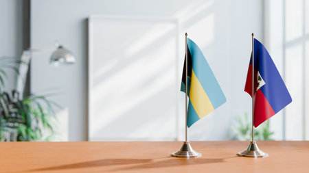 FLAGS OF  BAHAMAS AND HAITI  ON TABLEの写真素材