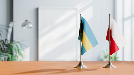 FLAGS OF  BAHAMAS AND POLAND  ON TABLEの写真素材