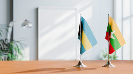 FLAGS OF  BAHAMAS AND MYANMAR  ON TABLEの写真素材