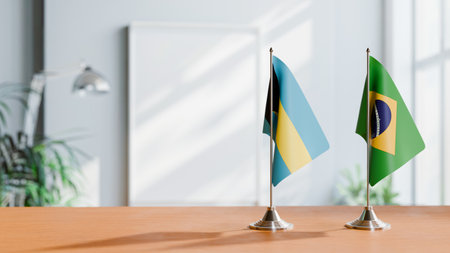 FLAGS OF BAHAMAS AND BRAZIL ON TABLEの写真素材
