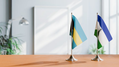 FLAGS OF  BAHAMAS AND LESOTHO  ON TABLEの写真素材