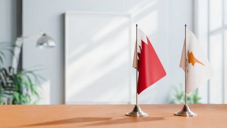 FLAGS OF  BAHRAIN AND CYPRUS  ON TABLEの写真素材