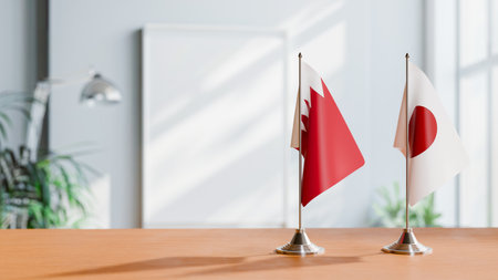 FLAGS OF  BAHRAIN AND JAPAN  ON TABLEの写真素材