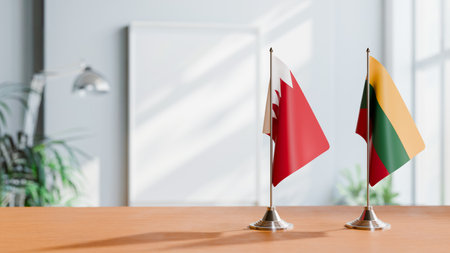 FLAGS OF  BAHRAIN AND LITHUANIA  ON TABLEの写真素材