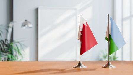FLAGS OF  BAHRAIN AND DJIBOUTI  ON TABLEの写真素材