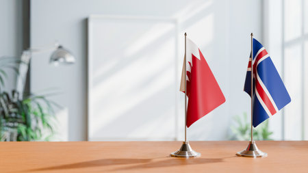 FLAGS OF  BAHRAIN AND ICELAND  ON TABLEの写真素材