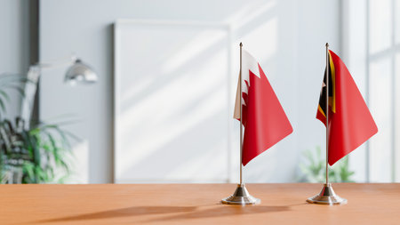 FLAGS OF  BAHRAIN AND EAST TIMOR  ON TABLEの写真素材