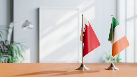 FLAGS OF  BAHRAIN AND IRELAND  ON TABLEの写真素材