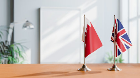 FLAGS OF  BAHRAIN AND UNITED KINGDOM  ON TABLEの写真素材