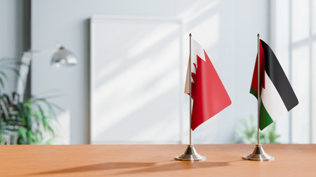 FLAGS OF BAHRAIN AND KAZAKHSTAN ON TABLEの写真素材