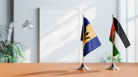 FLAGS OF  BARBADOS AND PALESTINE  ON TABLEの写真素材