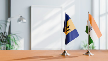 FLAGS OF  BARBADOS AND INDIA  ON TABLEの写真素材