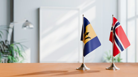 FLAGS OF  BARBADOS AND NORWAY  ON TABLEの写真素材