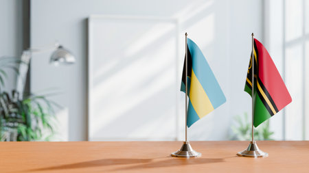 FLAGS OF  BAHAMAS AND VANUATU  ON TABLEの写真素材