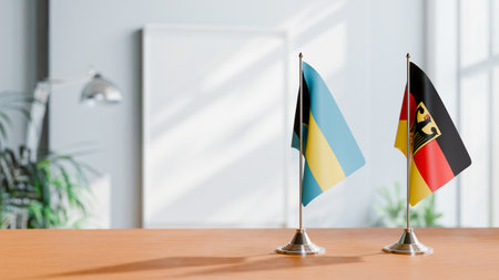 FLAGS OF BAHAMAS AND GERMANY ON TABLEの写真素材