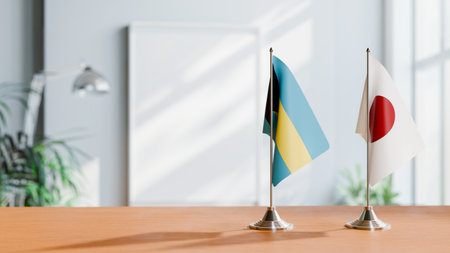 FLAGS OF  BAHAMAS AND JAPAN  ON TABLEの写真素材