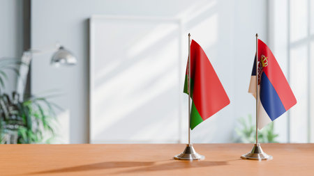 FLAGS OF  BELARUS AND SERBIA  ON TABLE