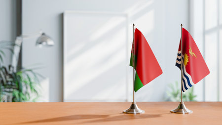 FLAGS OF  BELARUS AND KIRIBATI  ON TABLEの写真素材