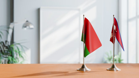 FLAGS OF  BELARUS AND NEPAL  ON TABLEの写真素材