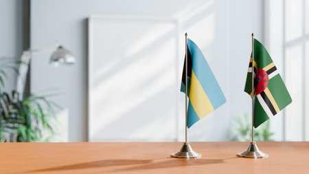 FLAGS OF  BAHAMAS AND DOMINICA  ON TABLEの写真素材