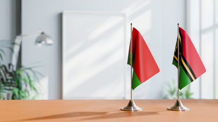FLAGS OF  BELARUS AND VANUATU  ON TABLEの写真素材