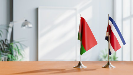 FLAGS OF  BELARUS AND COSTA RICA  ON TABLEの写真素材
