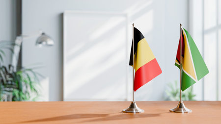 FLAGS OF  BELGIUM AND GUYANA  ON TABLEの写真素材