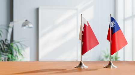 FLAGS OF  BAHRAIN AND TAIWAN  ON TABLEの写真素材
