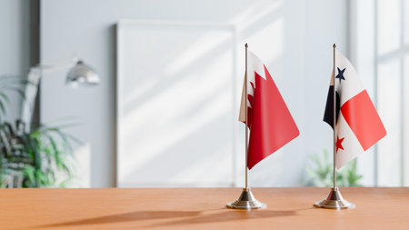 FLAGS OF  BAHRAIN AND PANAMA  ON TABLEの写真素材