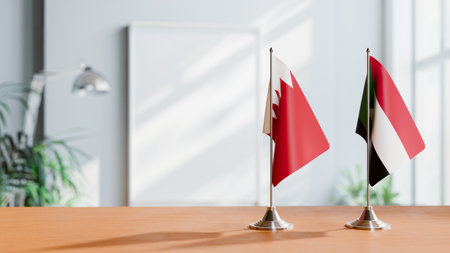 FLAGS OF  BAHRAIN AND SUDAN  ON TABLEの写真素材
