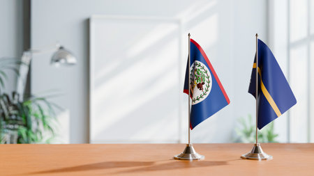 FLAGS OF BELIZE AND NAURU ON TABLEの写真素材